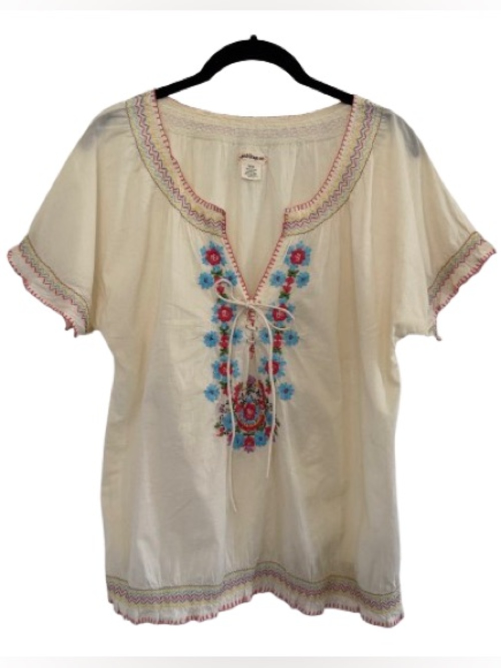 Polo Jeans Co Cream Floral Embroidered Peasant Blouse Boho Cottagecore Cotton